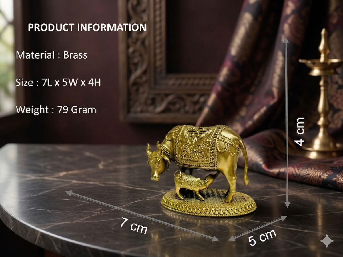 Mini Handcrafted Brass Kamdhenu Cow and Calf Idol – Compact Spiritual Home Decor (7cm)
