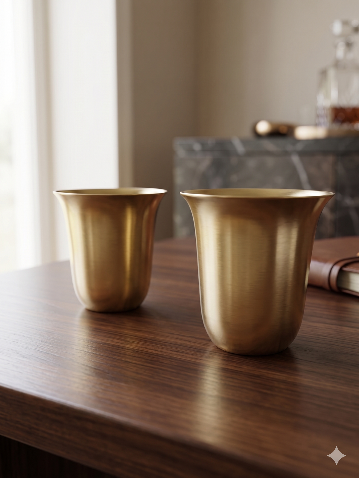 Royal Curved Brass Tumbler Set – Handcrafted Flared Golden Glasses (Set of 2)