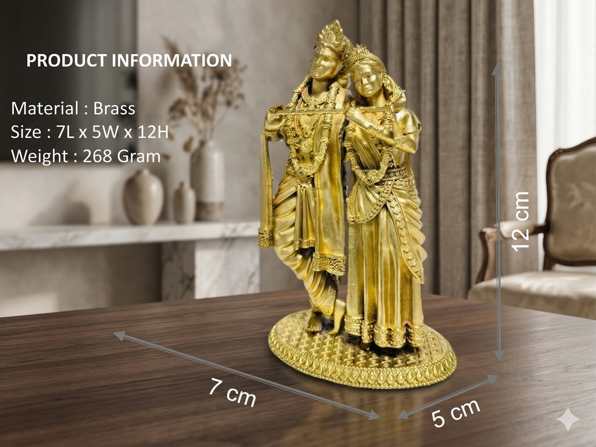 Premium 100% Brass Radha Krishna Idol  | Divine Flute Playing Couple Statue for Home Decor & Gifting
