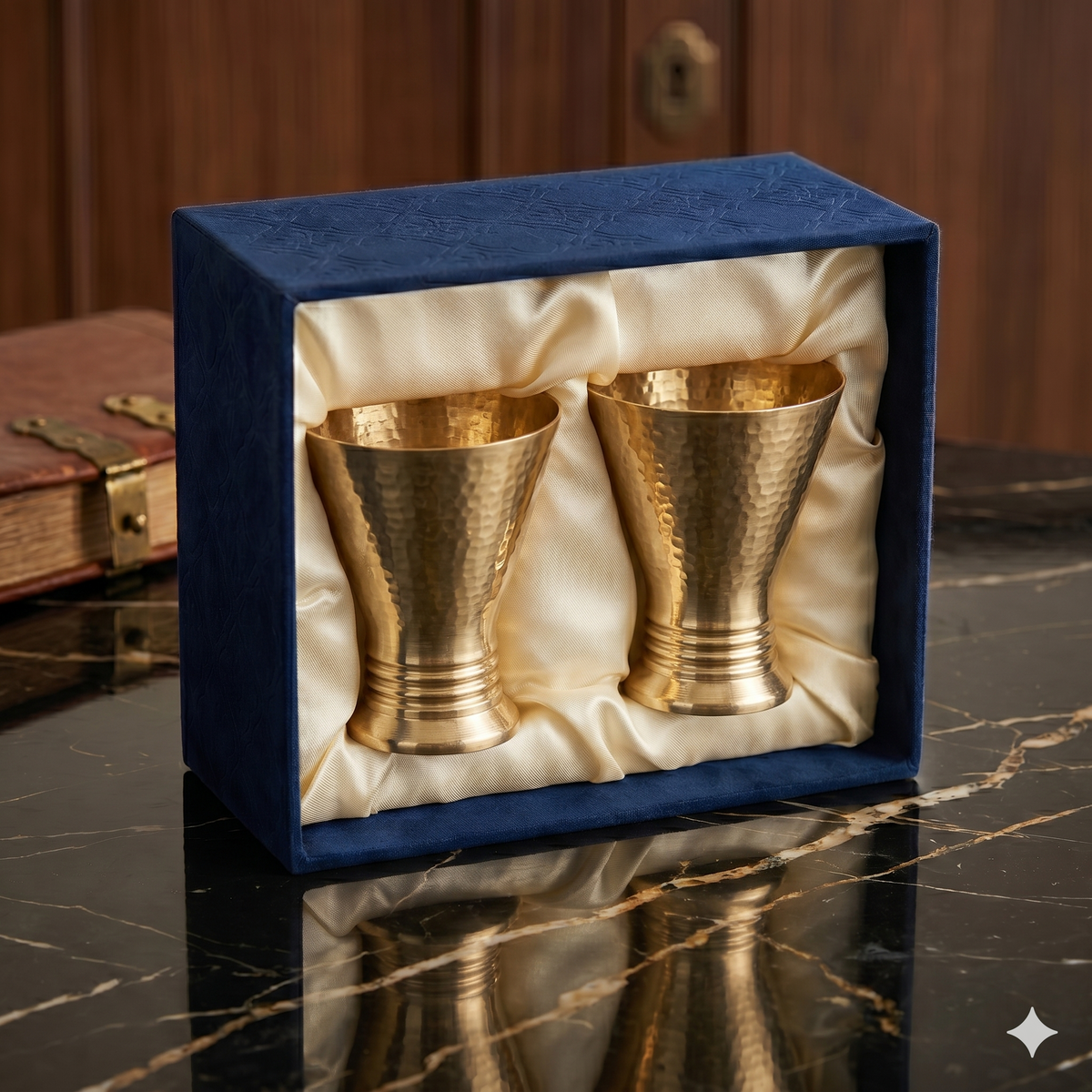 Premium Hammered Brass Urli Glass Set of 2 with Royal Velvet Gift Box