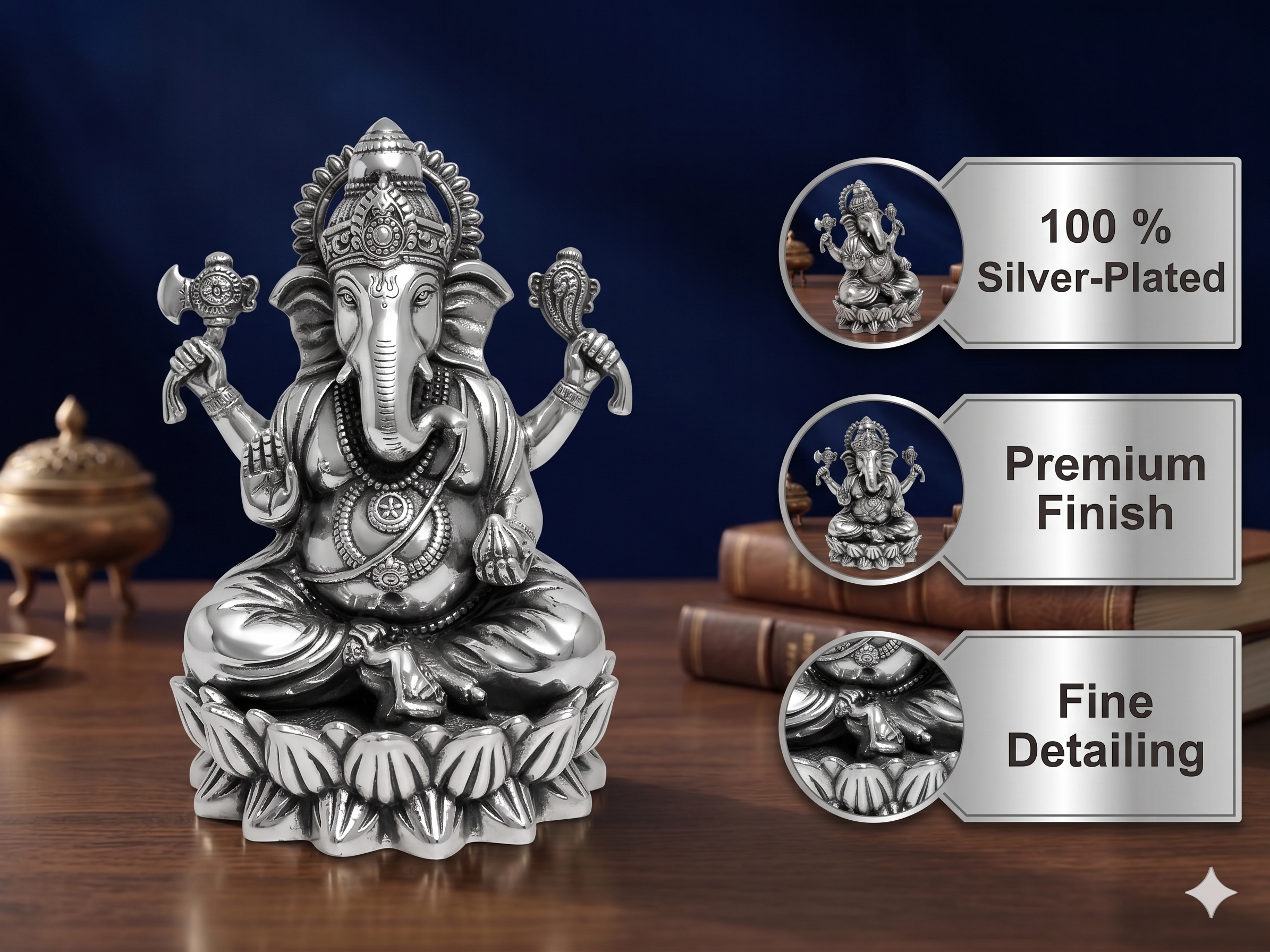Oxidized Silver-Plated Ganesha Idol – Premium Sitting Lord Ganesh Statue on Lotus for Pooja Mandir, Home Decor & Gifting