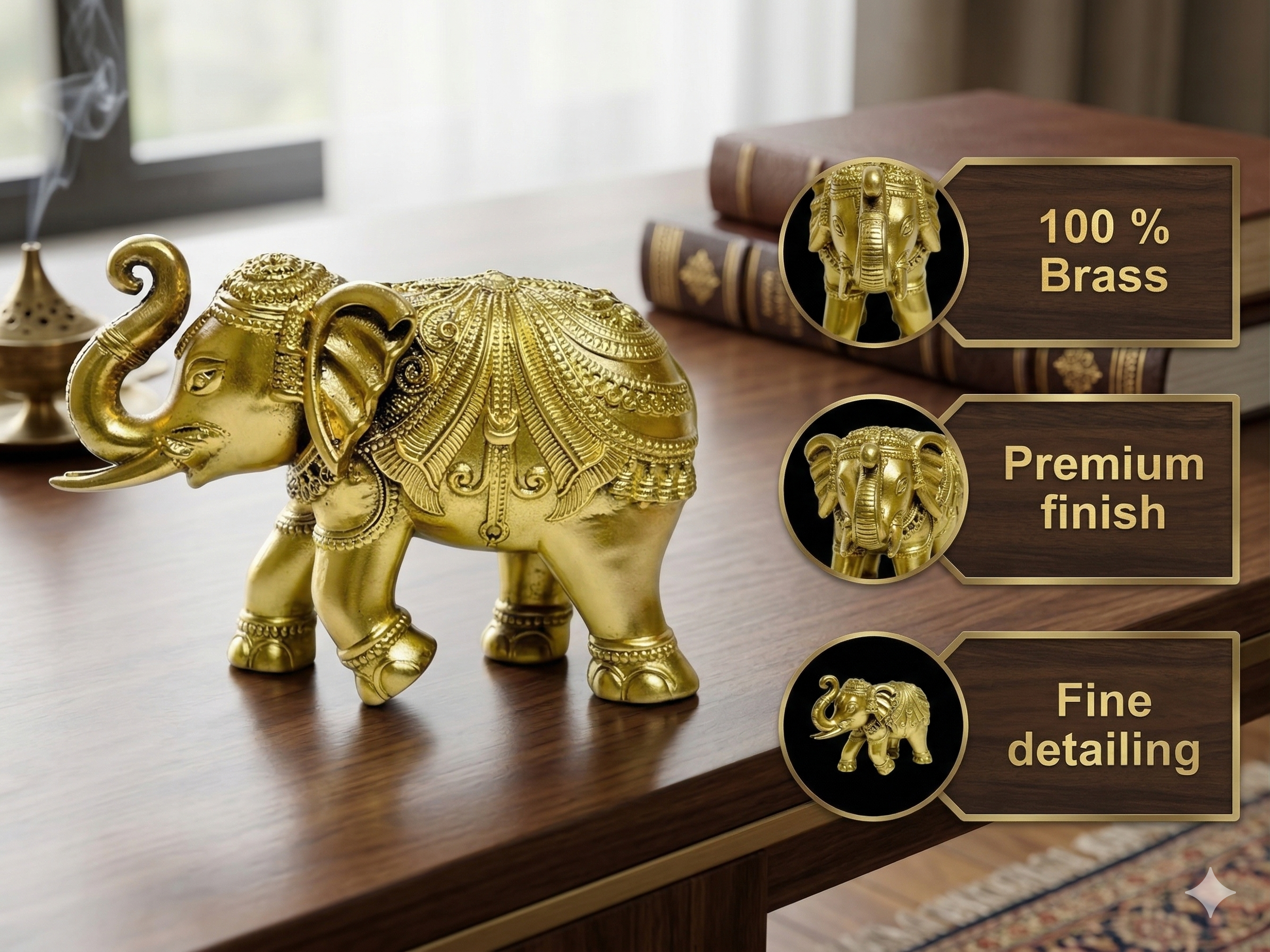 Premium Handcrafted Brass Elephant Trunk Up Statue – Elegant Vastu & Wealth Decor