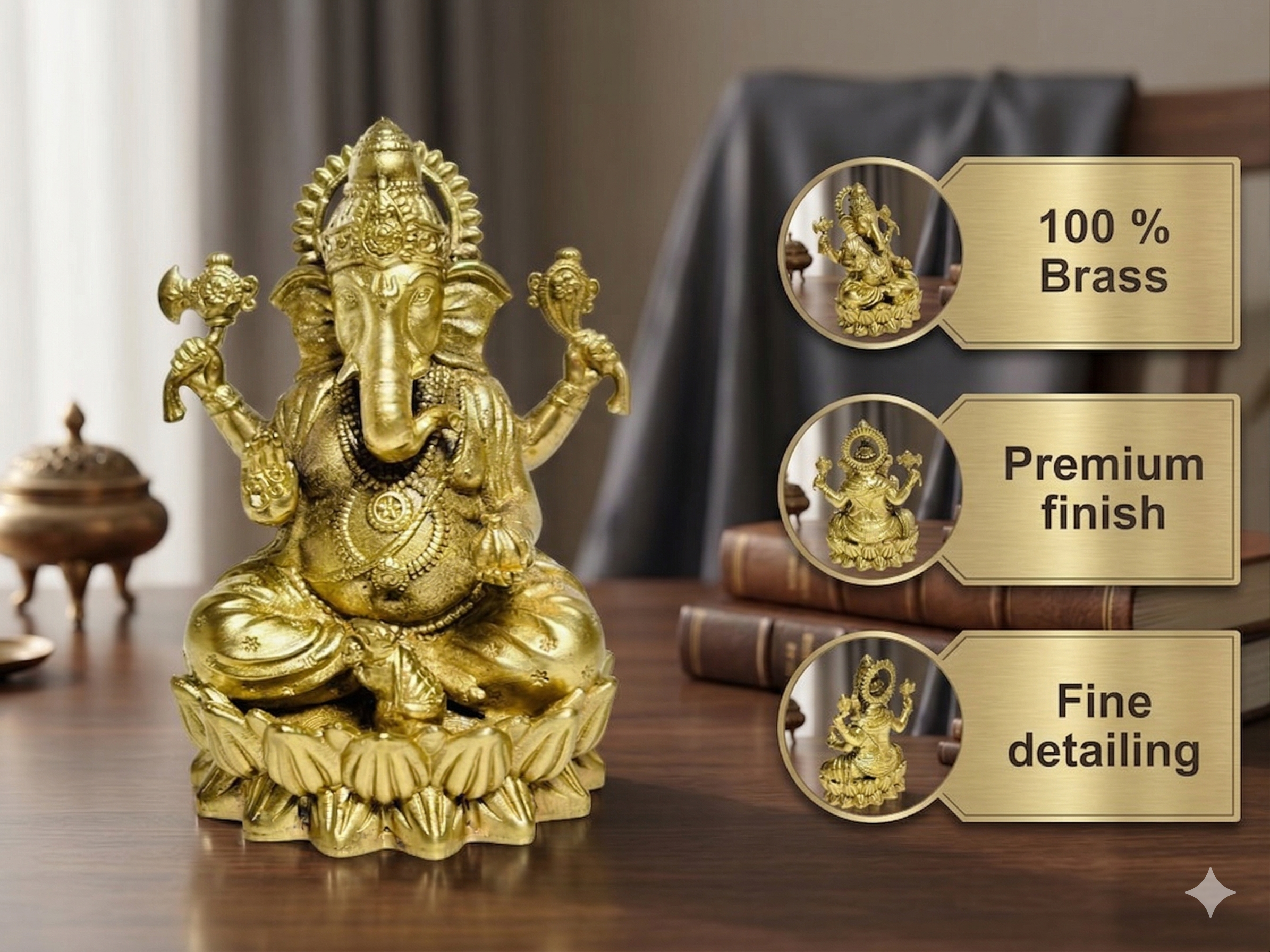 Premium Brass Lord Ganesha Idol on Lotus Base – Handcrafted Spiritual Home Decor