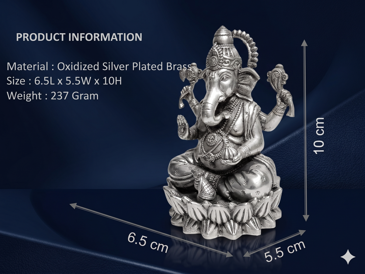 Oxidized Silver-Plated Ganesha Idol – Premium Sitting Lord Ganesh Statue on Lotus for Pooja Mandir, Home Decor & Gifting