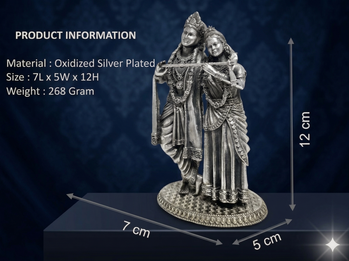 Premium Oxidized Silver Plated Radha Krishna Idol (12cm) | Divine Couple Flute Playing Statue for Home Decor & Gifting