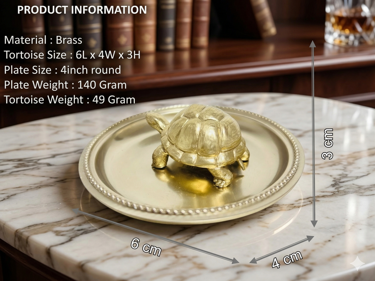 Pure Brass Feng Shui Tortoise Idol with 4-Inch Decorative Plate Set