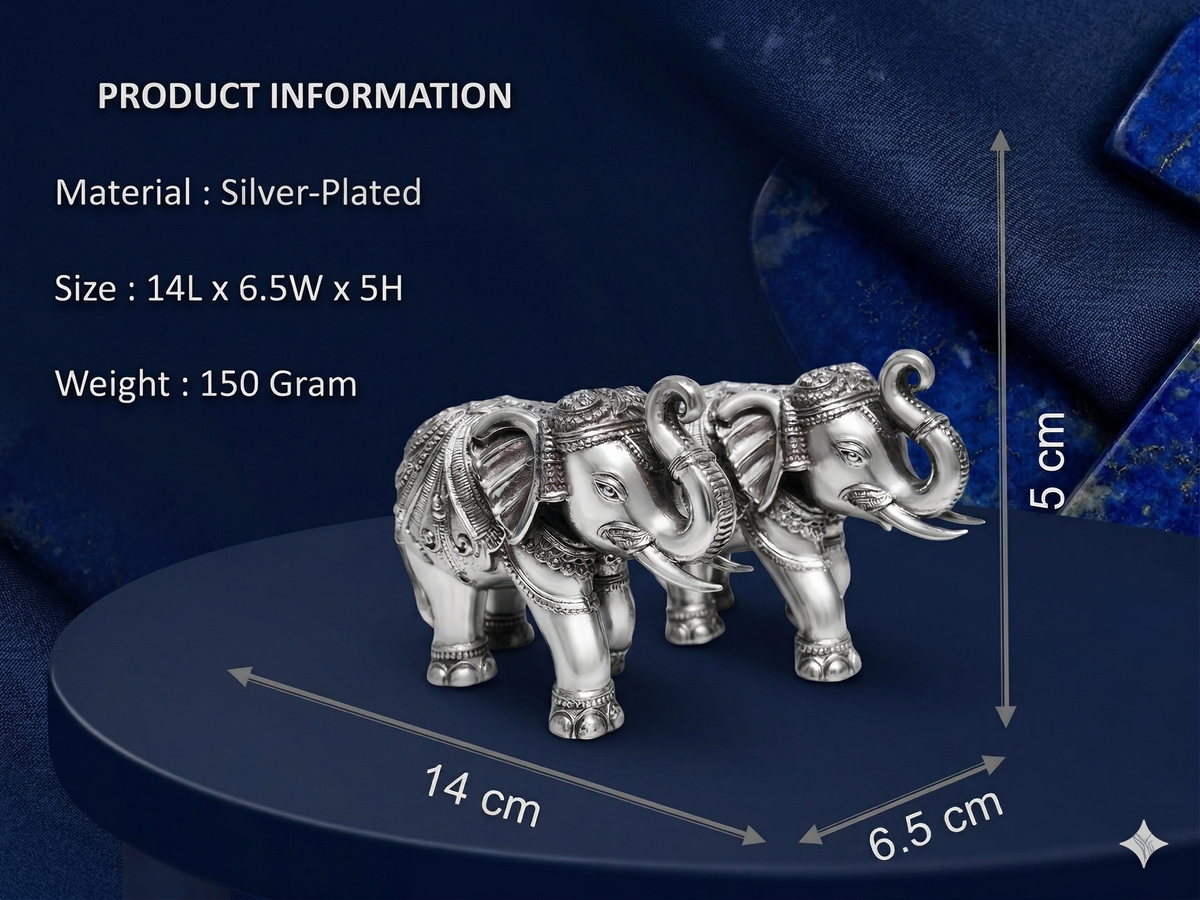 Premium Silver-Plated Trunk-Up Elephant Pair – Ornate Brass Vastu Figurines for Wealth, Home Decor & Luxury Gifting