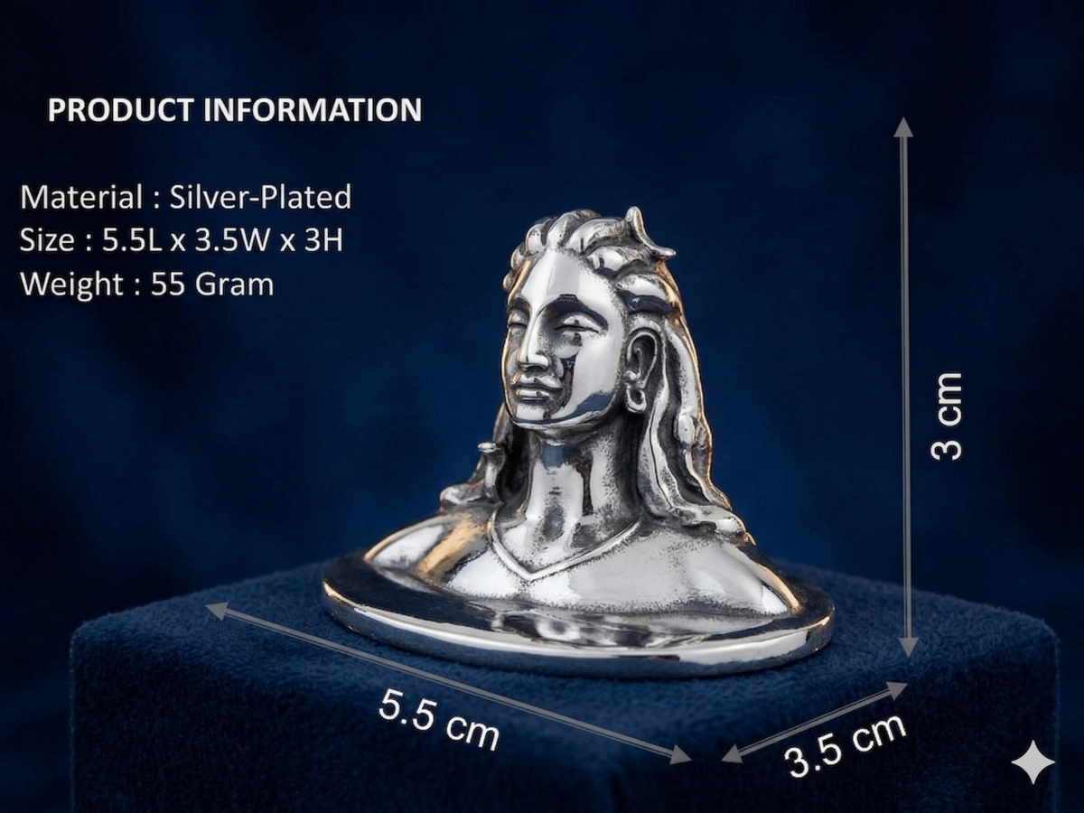Silver-Plated Adiyogi Shiva Statue – Compact Mahadev Idol for Car Dashboard & Pooja Room