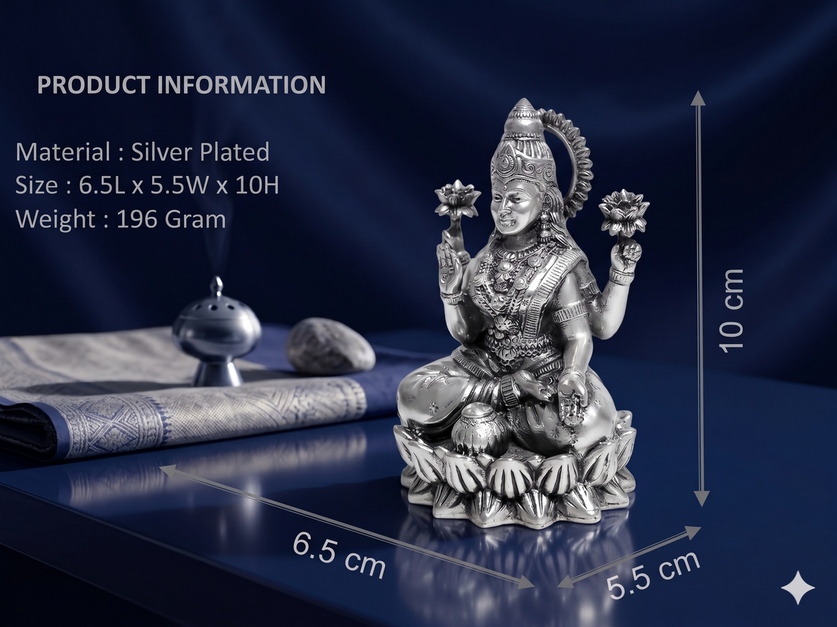 Premium Silver Plated Goddess Lakshmi Idol – Handcrafted Mahalakshmi Murti for Pooja Room & Gifting