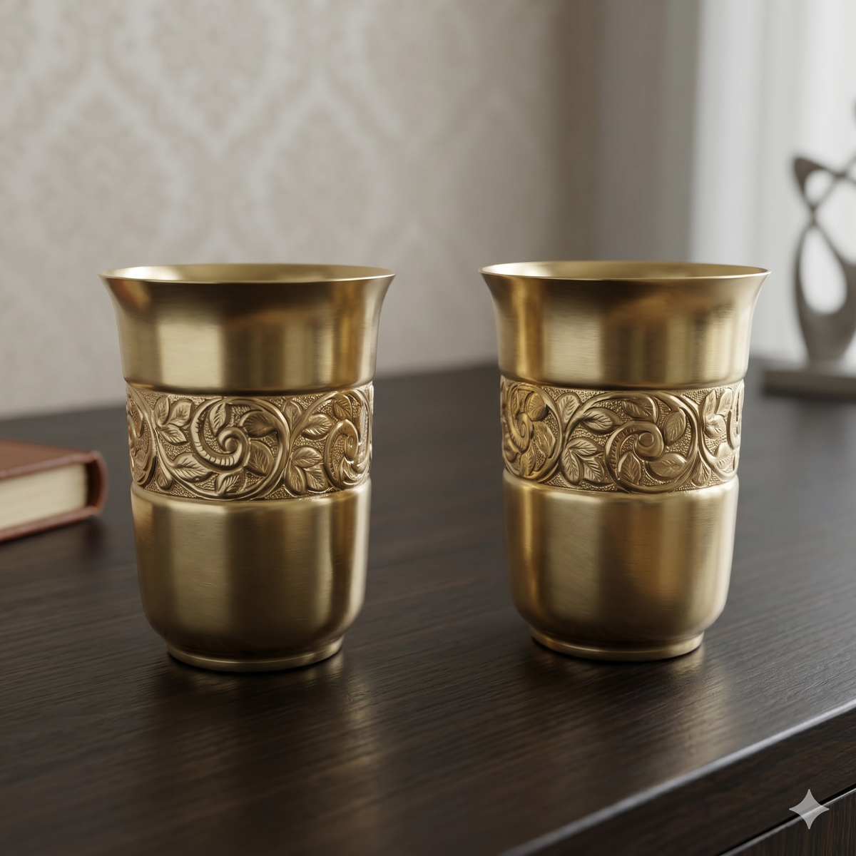 Royal Brass Carved Tumbler Set – Handcrafted Golden Glass Combo (Set of 2)