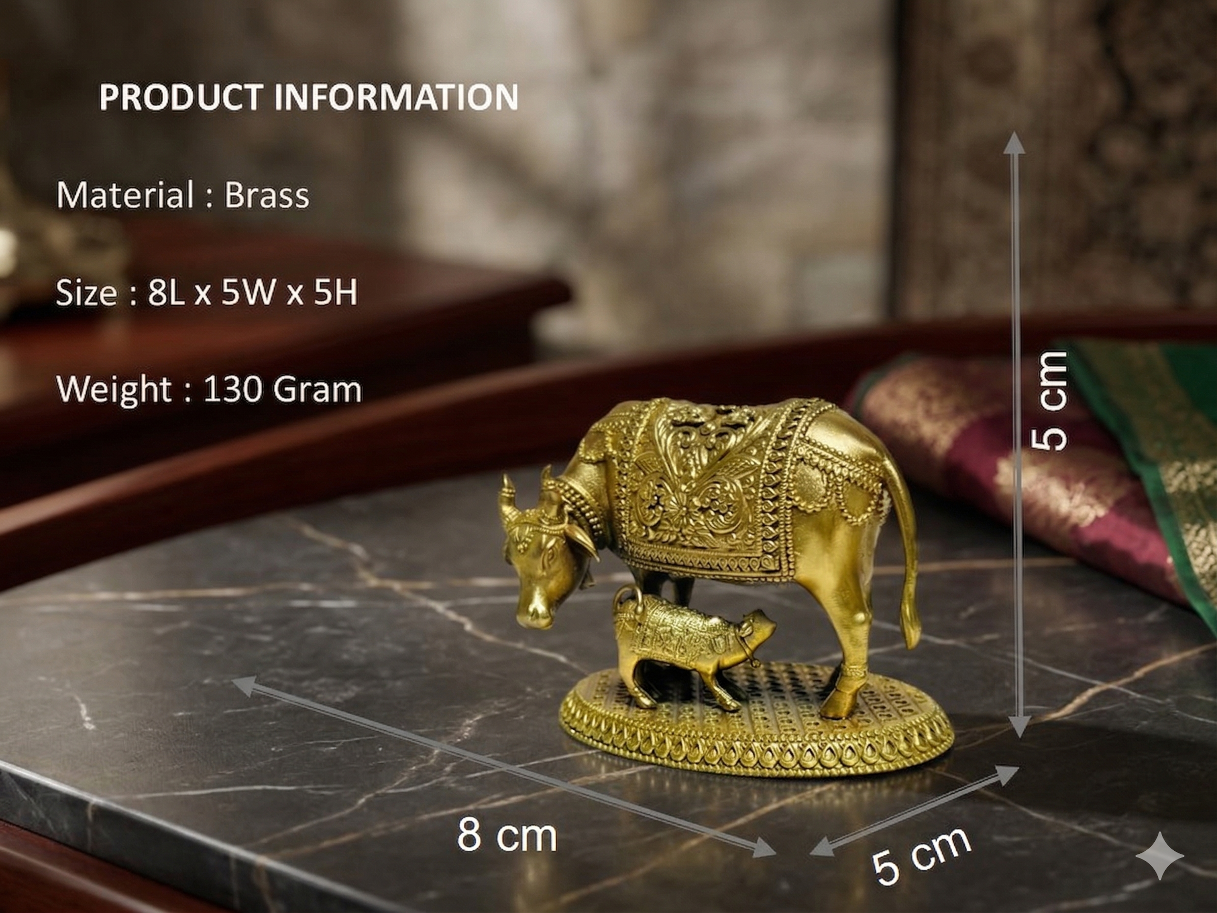 Mini Brass Kamdhenu Cow and Calf Statue – Handcrafted Spiritual Decor (130g)