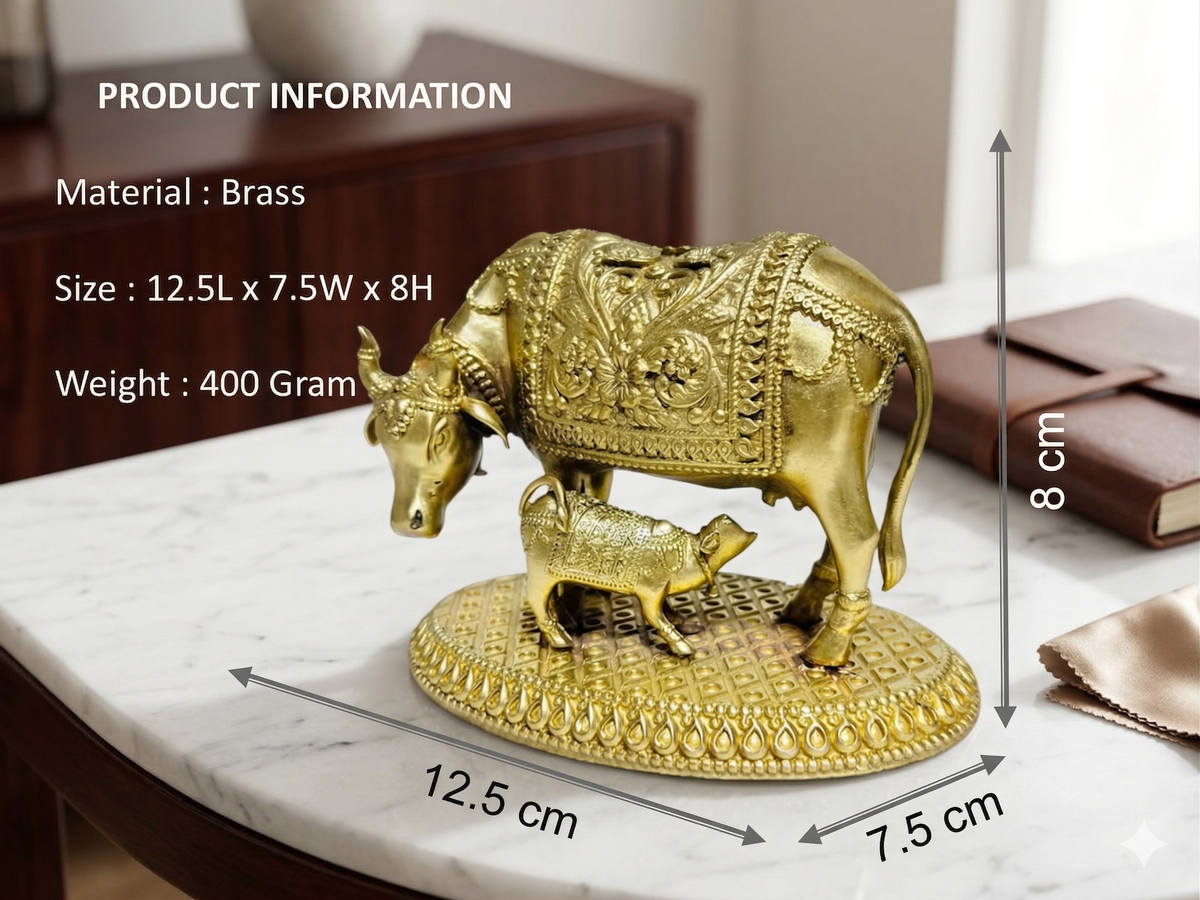 Elegant Brass Kamdhenu Cow and Calf Idol – Handcrafted Spiritual Vastu Decor (400g)