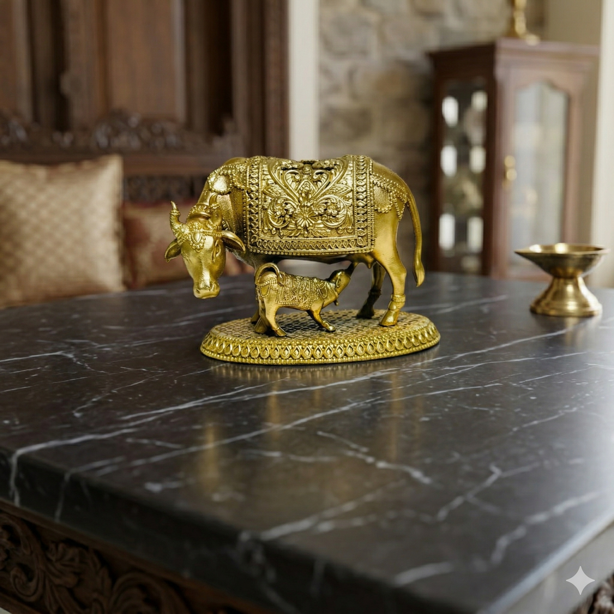 Premium 100% Brass Kamdhenu Cow and Calf Idol – Handcrafted Spiritual Decor