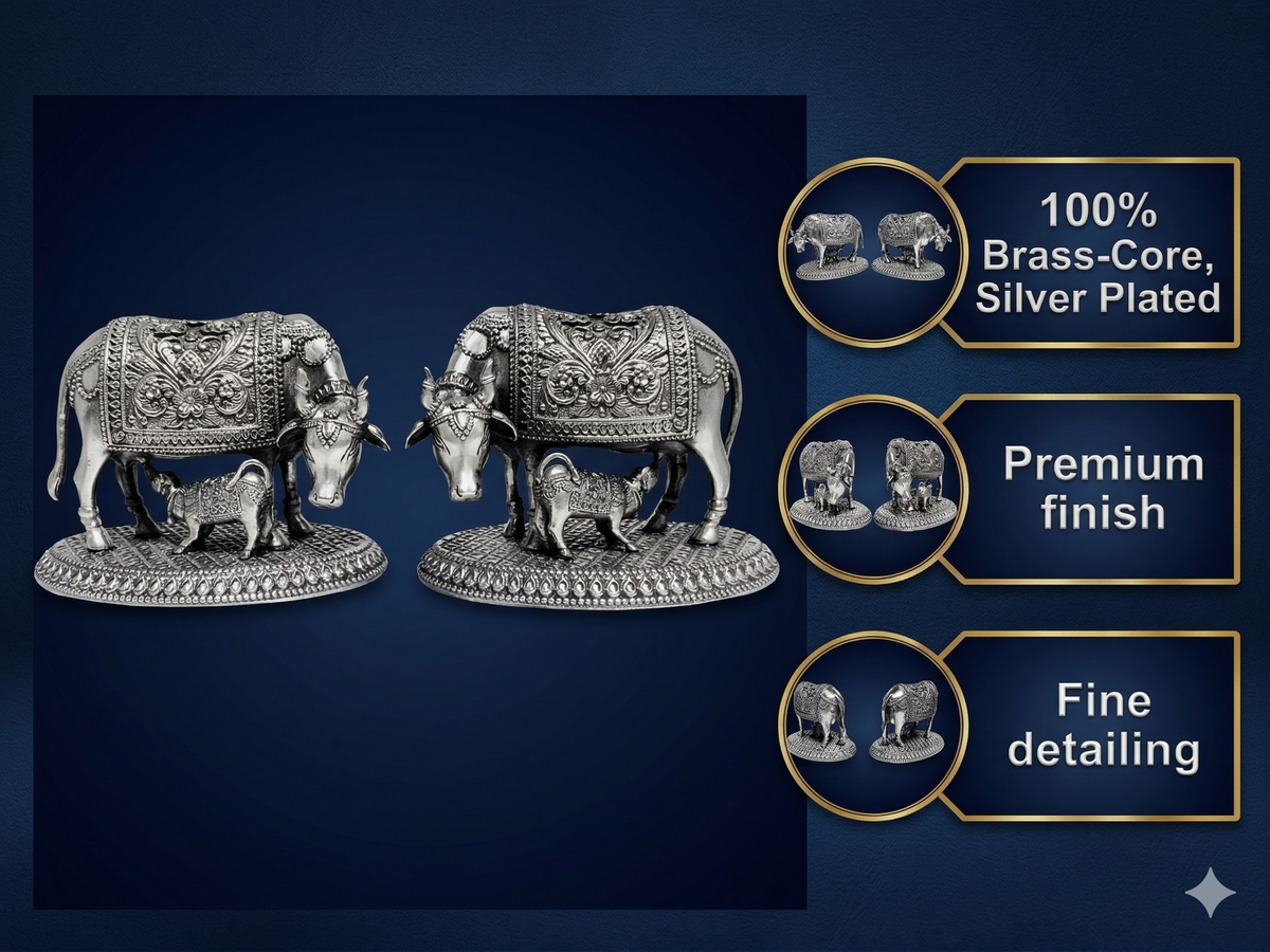 Silver-Plated Kamdhenu Cow and Calf Statue – Premium Brass Vastu Idol for Pooja Room, Wealth, & Spiritual Gifting