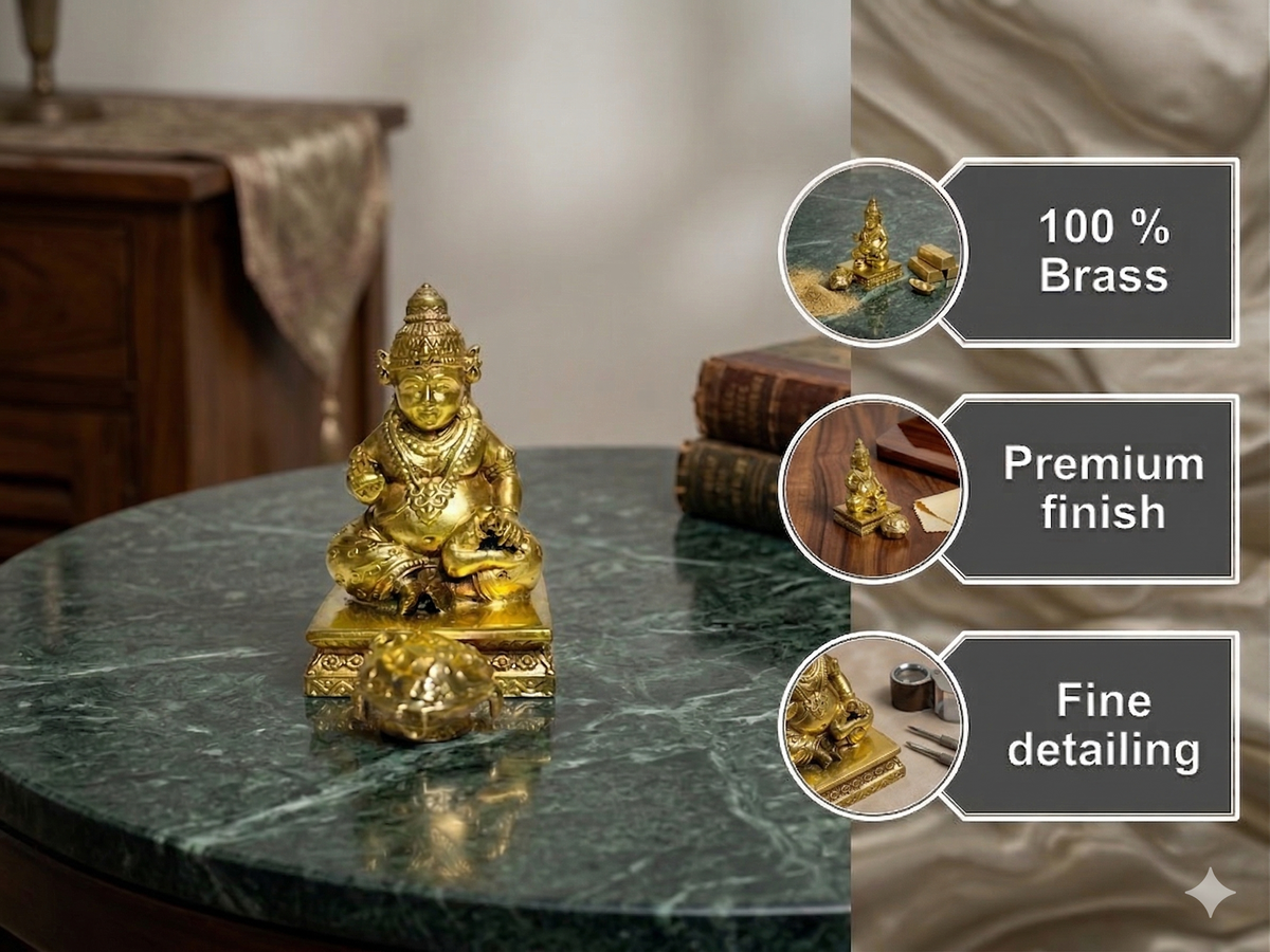 Premium Pure Brass Lord Kuber Idol with Secret Dhan Pot (6cm)