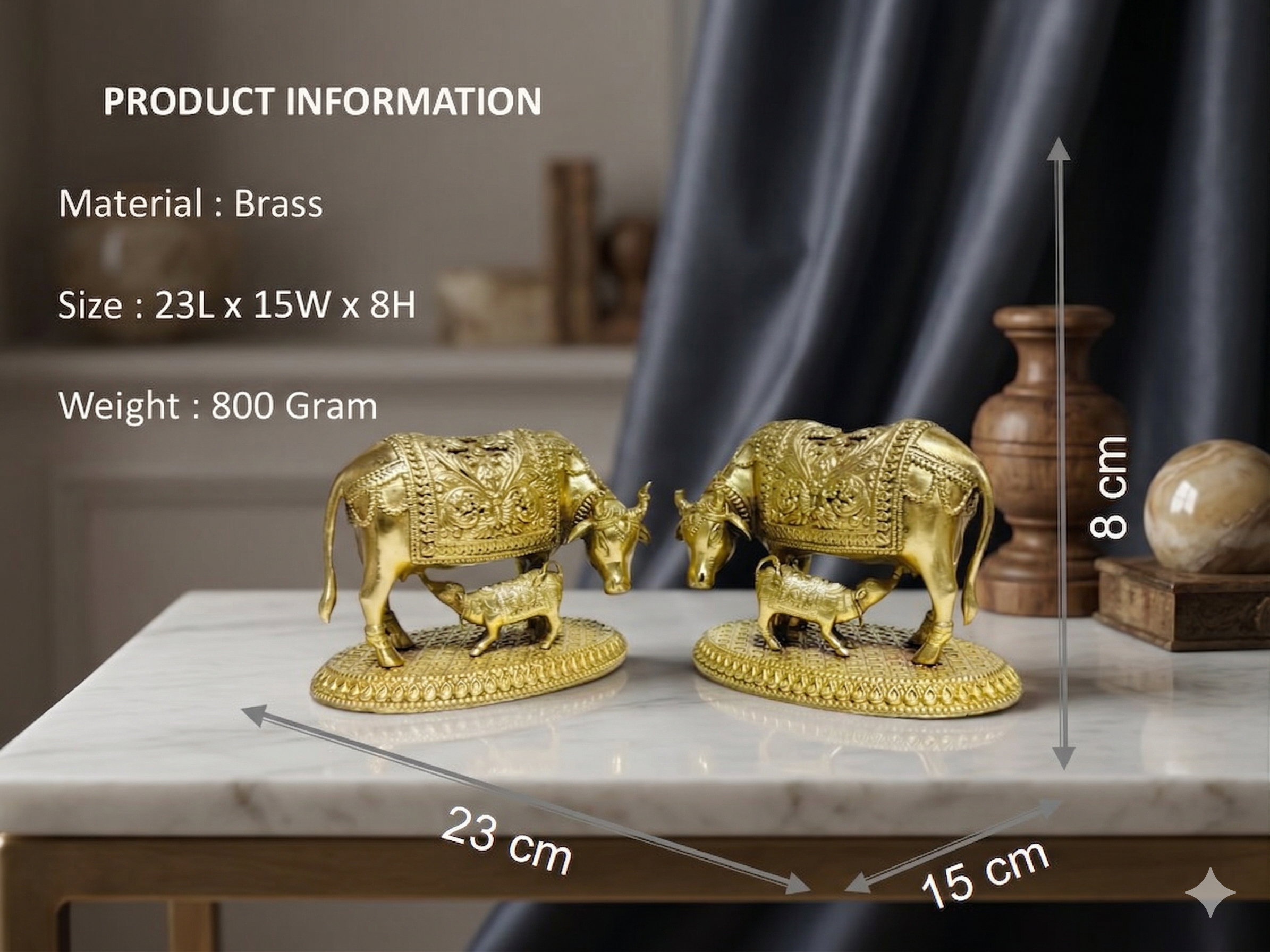 Luxury Handcrafted Brass Kamdhenu Cow and Calf Idol – Premium Spiritual Decor (23cm)