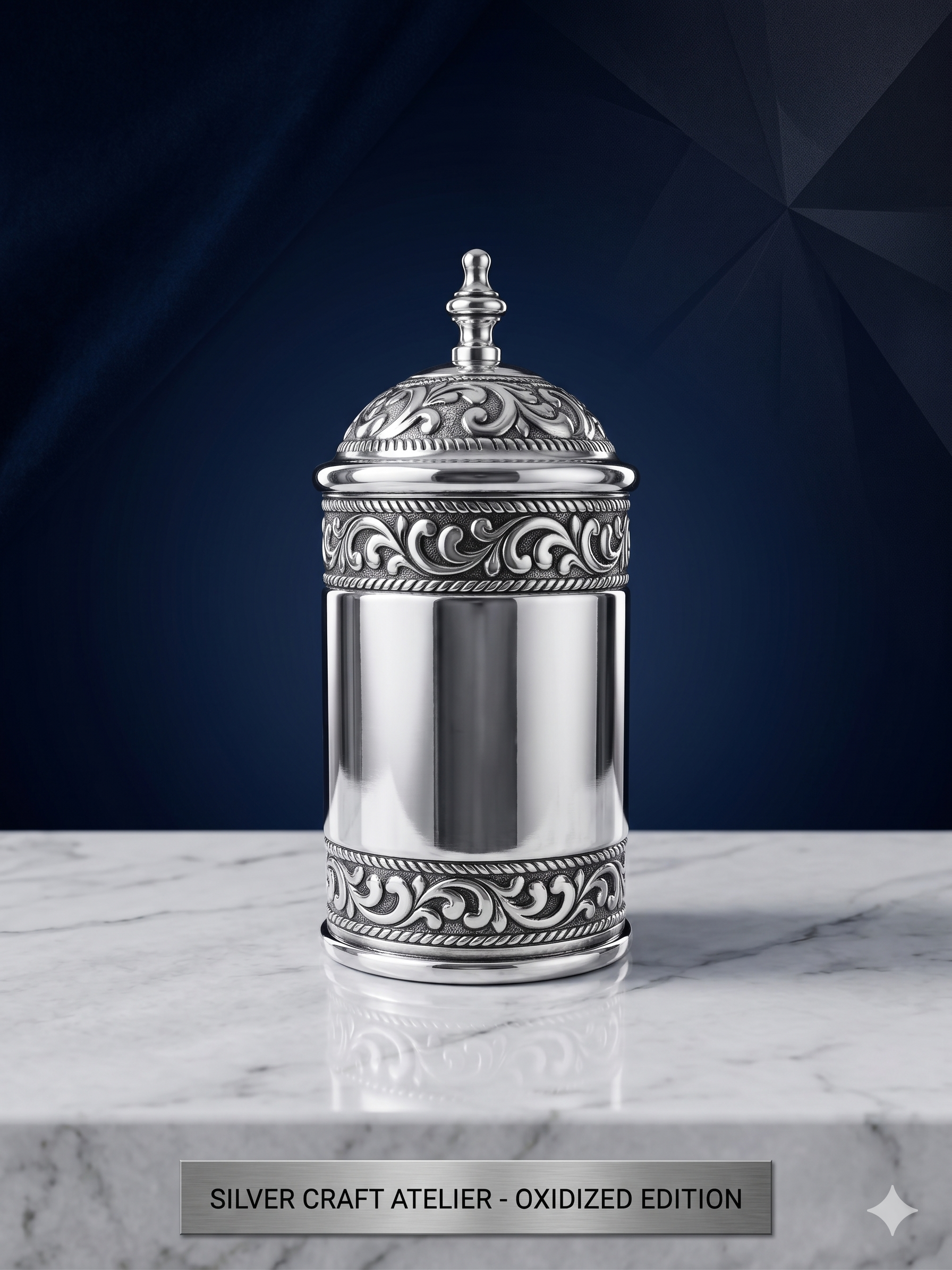 Oxidized Silver-Plated Carved Jar with Dome Lid – Premium Decorative Storage Canister for Home & Luxury Gifting