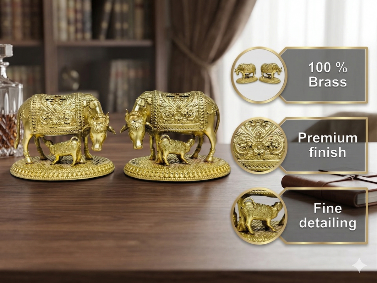 Luxury Handcrafted Brass Kamdhenu Cow and Calf Idol – Premium Spiritual Decor (23cm)