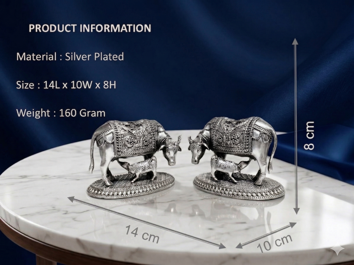 Silver-Plated Kamdhenu Cow and Calf Statue – Premium Brass Vastu Idol for Pooja Room, Wealth, & Spiritual Gifting