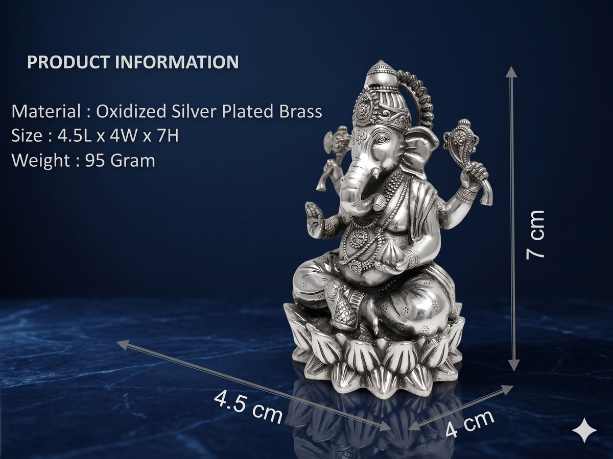Oxidized Silver-Plated Ganesha Idol – Premium Sitting Lord Ganesh Statue on Lotus for Pooja Mandir, Home Decor & Gifting