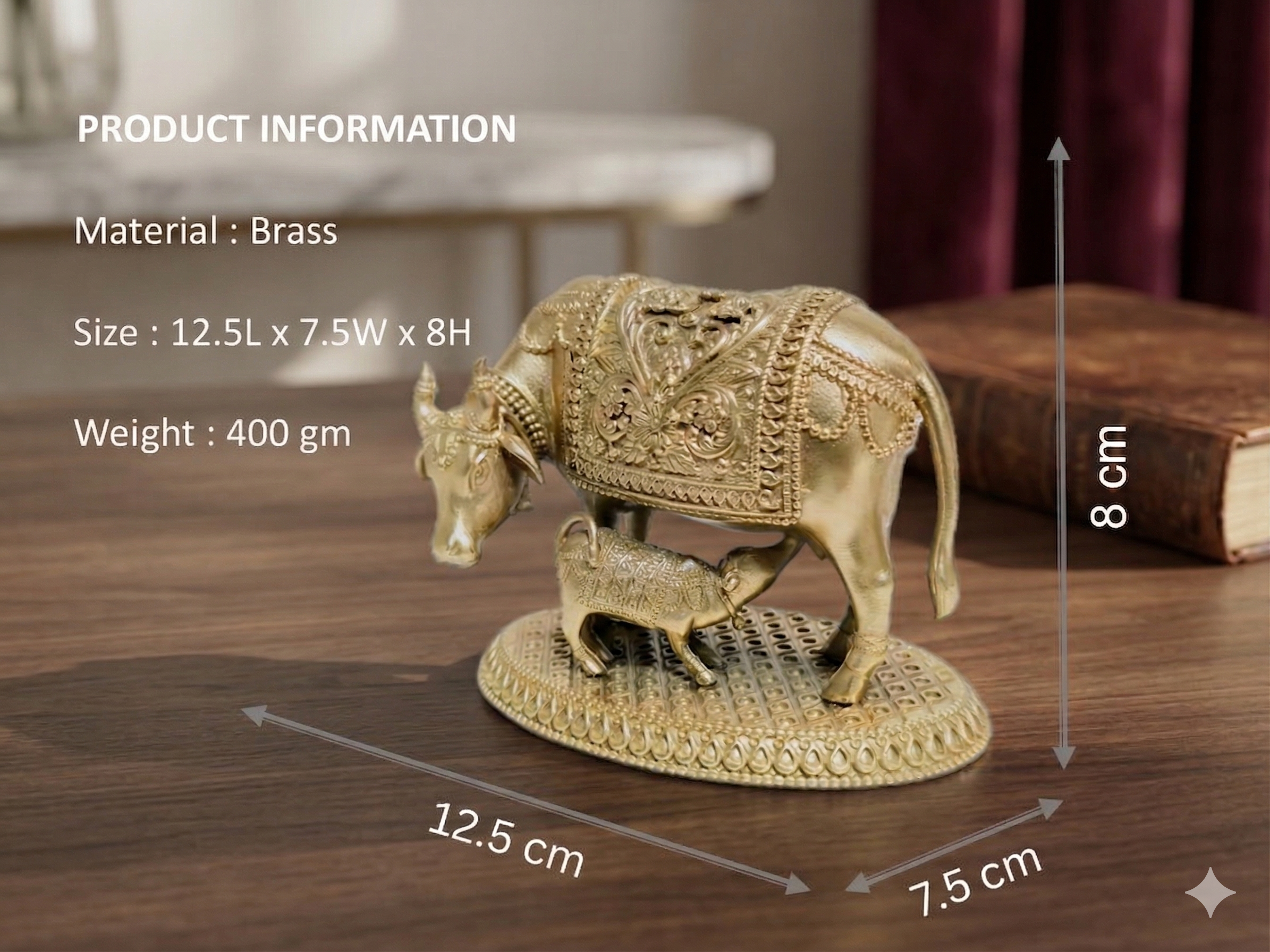 Elegant Brass Kamdhenu Cow and Calf Idol – Handcrafted Spiritual Vastu Decor (400g)
