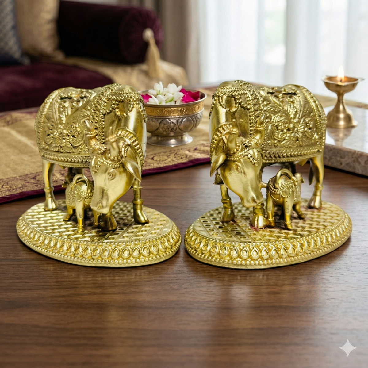 Luxury Handcrafted Brass Kamdhenu Cow and Calf Idol – Premium Spiritual Decor (23cm)