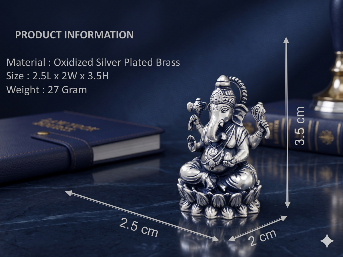 Oxidized Silver-Plated Ganesha Idol – Premium Sitting Lord Ganesh Statue on Lotus for Pooja Mandir, Home Decor & Gifting