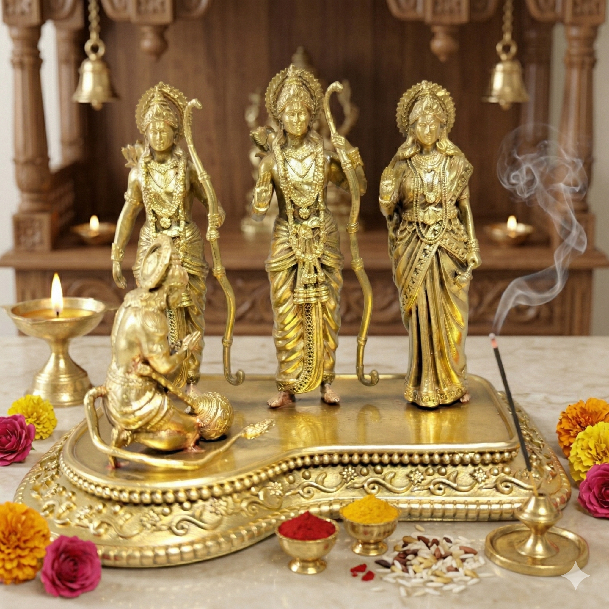 Premium Pure Brass Ram Darbar Idol Set – Ram, Laxman, Sita & Hanuman Murti (11cm)