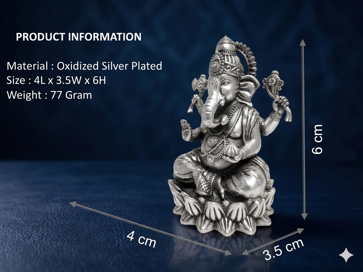 Oxidized Silver-Plated Ganesha Idol – Premium Sitting Lord Ganesh Statue on Lotus for Pooja Mandir, Home Decor & Gifting