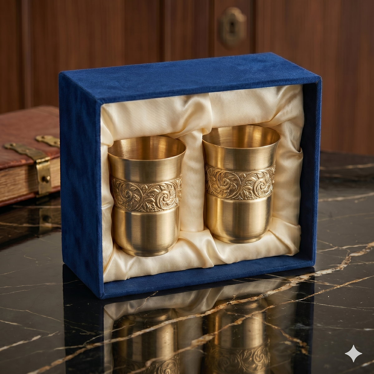 Royal Brass Carved Tumbler Set – Handcrafted Golden Glass Combo (Set of 2)