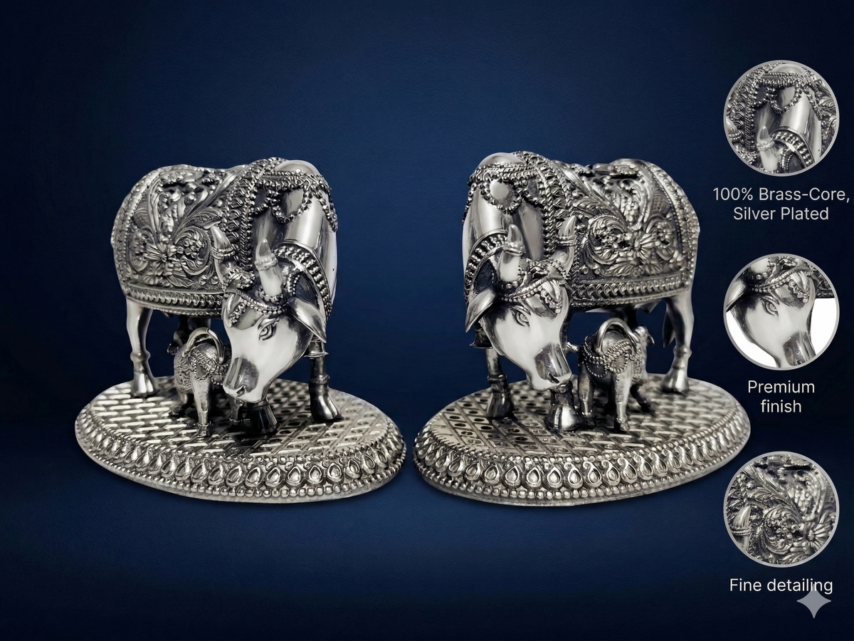 Silver-Plated Kamdhenu Cow and Calf Statue – Premium Brass Vastu Idol for Pooja Room, Wealth, & Spiritual Gifting