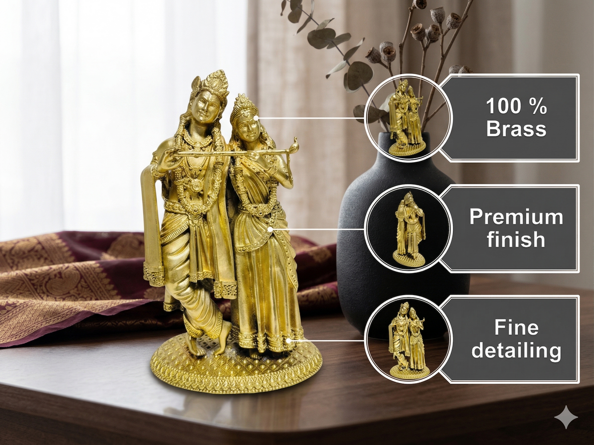 Premium 100% Brass Radha Krishna Idol  | Divine Flute Playing Couple Statue for Home Decor & Gifting