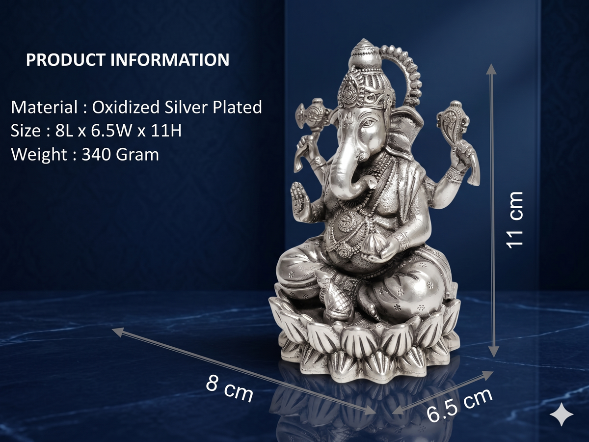 Oxidized Silver-Plated Ganesha Idol – Premium Sitting Lord Ganesh Statue on Lotus for Pooja Mandir, Home Decor & Gifting