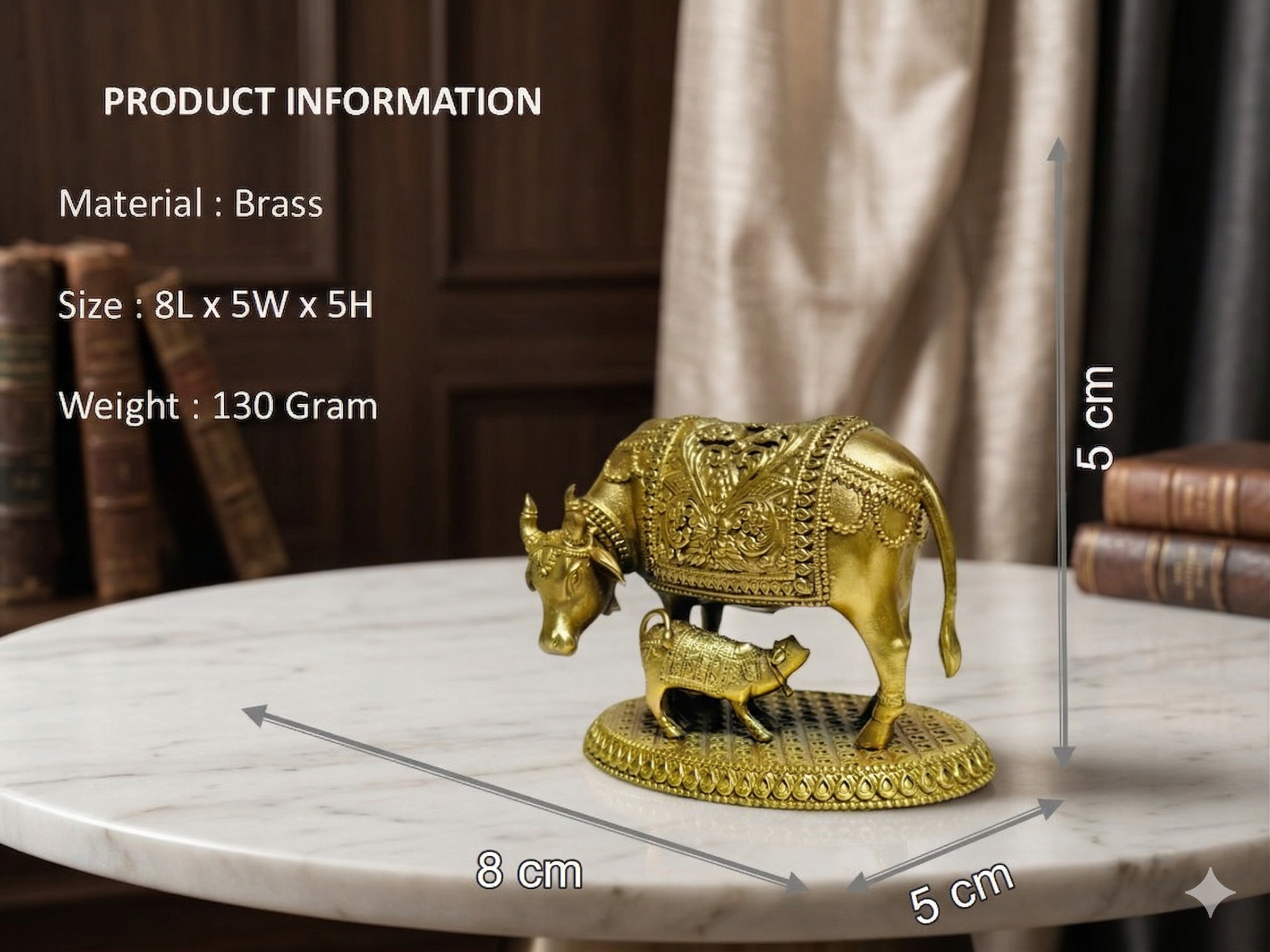 Mini Brass Kamdhenu Cow and Calf Statue – Handcrafted Spiritual Decor (130g)