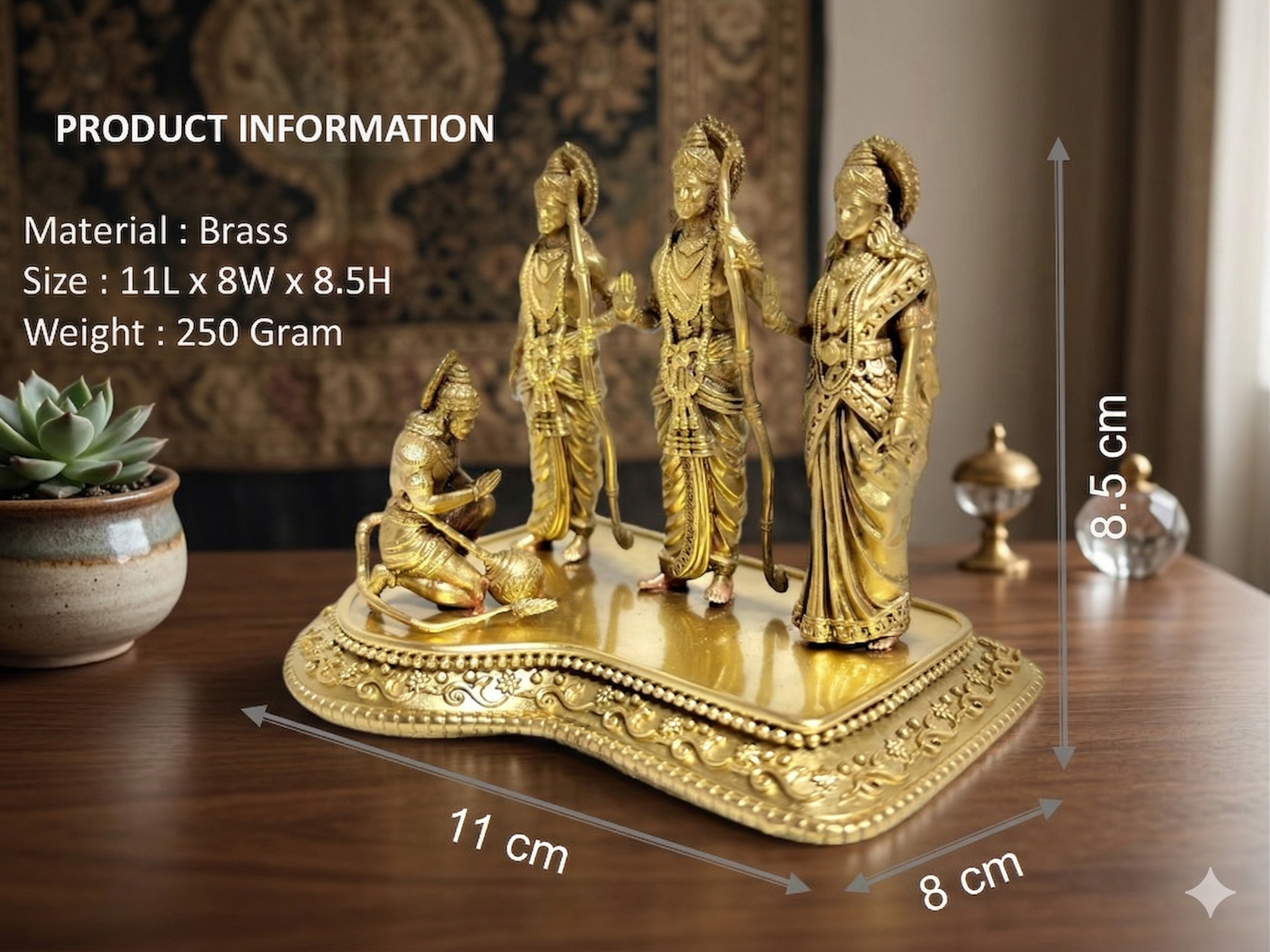 Premium Pure Brass Ram Darbar Idol Set – Ram, Laxman, Sita & Hanuman Murti (11cm)