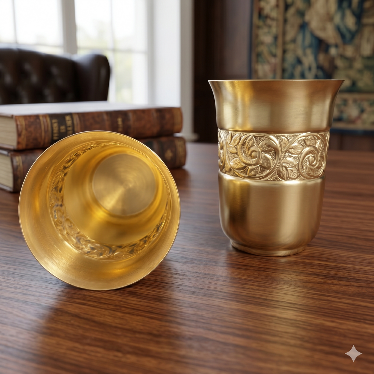 Royal Brass Carved Tumbler Set – Handcrafted Golden Glass Combo (Set of 2)