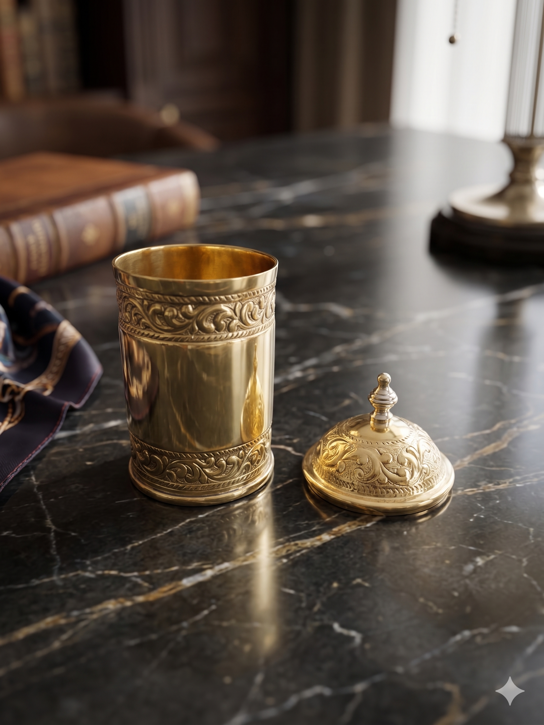 Royal Intricate Engraved Brass Glass with Lid – Premium Vintage Drinkware & Decor