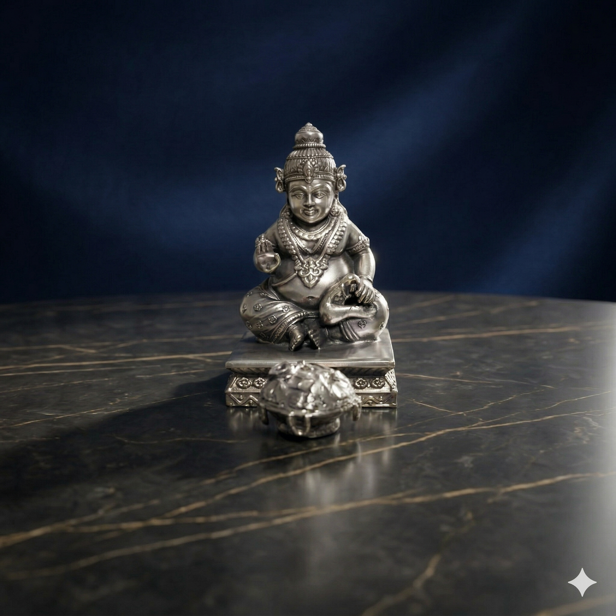 Premium Oxidized Silver-Plated Lord Kuber Idol with Tortoise Base