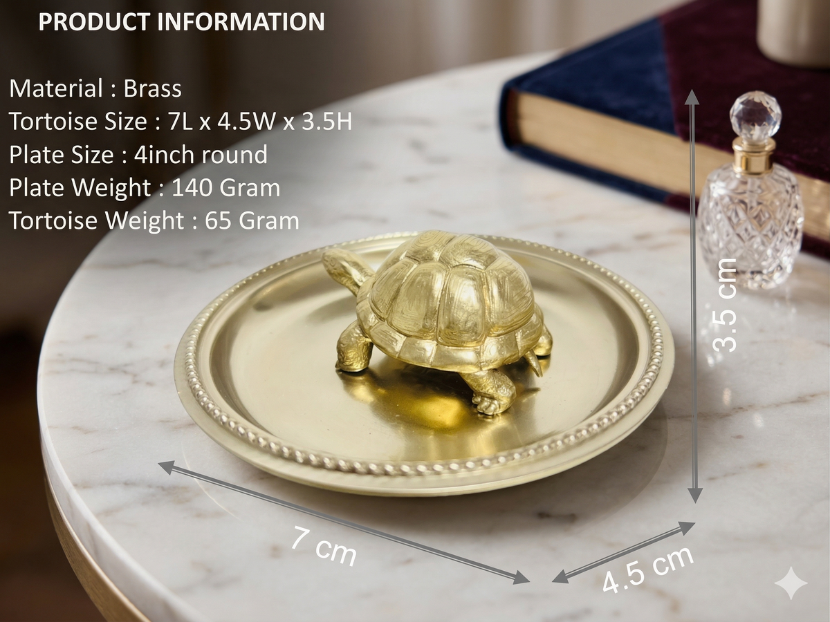 Pure Brass Feng Shui Tortoise Idol with 4-Inch Decorative Plate Set