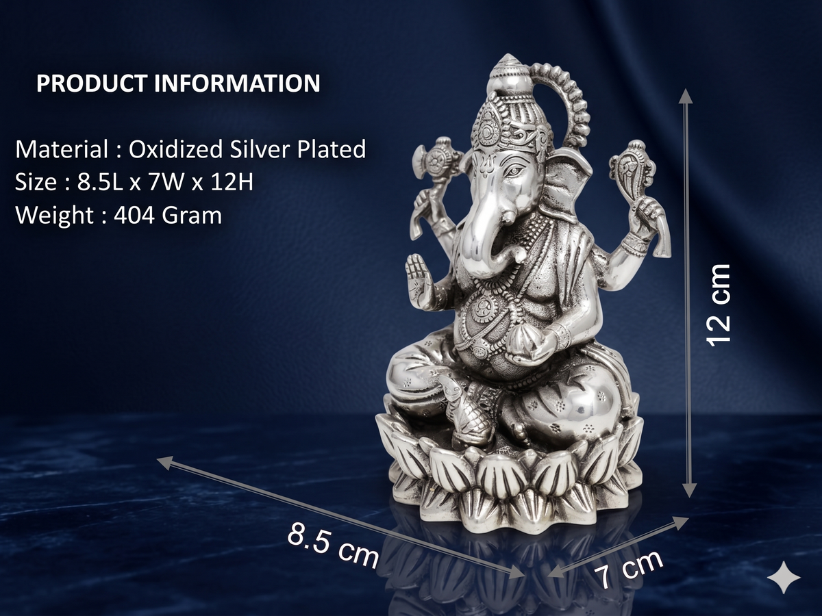 Oxidized Silver-Plated Ganesha Idol – Premium Sitting Lord Ganesh Statue on Lotus for Pooja Mandir, Home Decor & Gifting