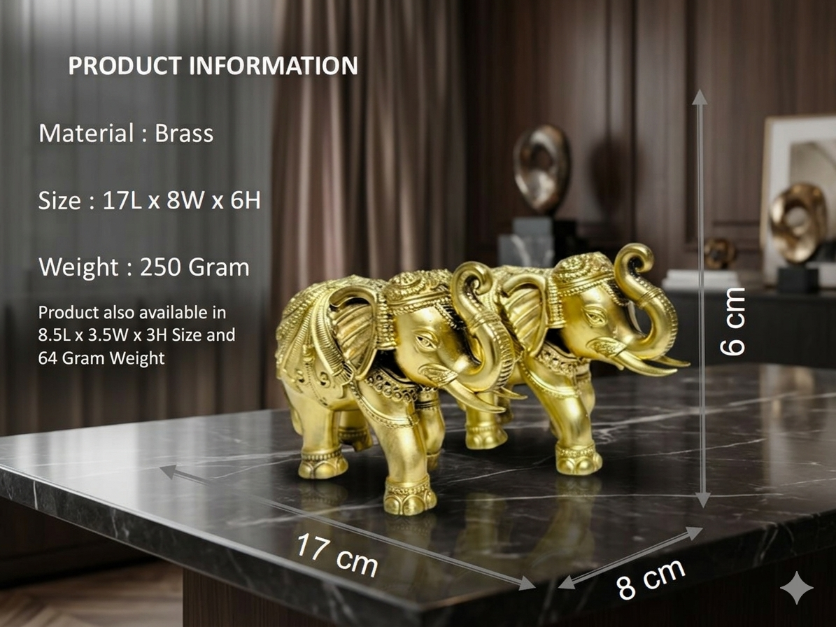 Premium Brass Trunk Up Elephant Statues (Pair) – Handcrafted Vastu Decor for Good Luck