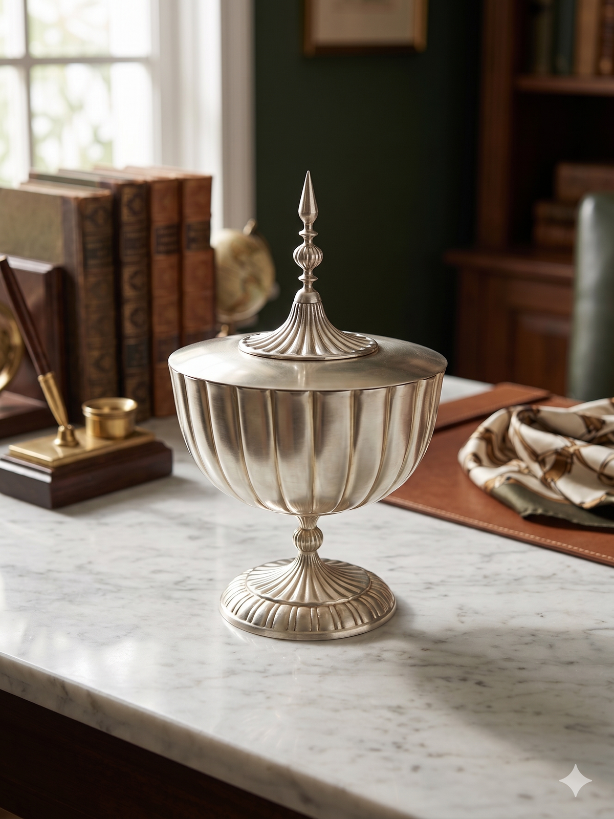 Elegant Silver-Plated Ribbed Pedestal Bowl with Fluted Dome Lid