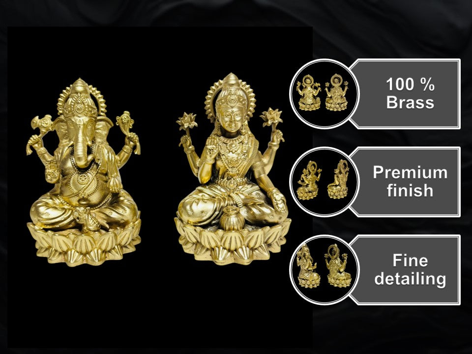 Premium Pure Brass Laxmi Ganesh Idol Set for Home Mandir & Pooja (10cm Height)