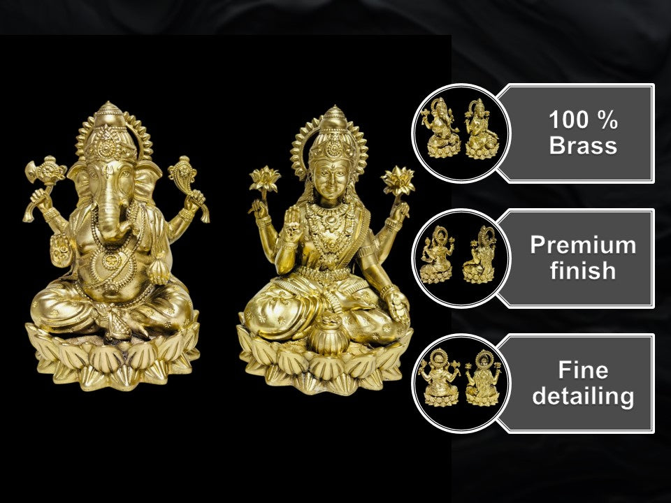 Premium Pure Brass Laxmi Ganesh Idol Set for Home Mandir & Pooja (12cm Height)